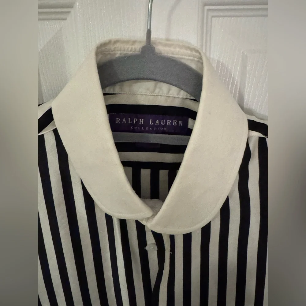 Black and White Striped Button-Up Shirt 100% Silk Shirt - Picture 2 of 4
